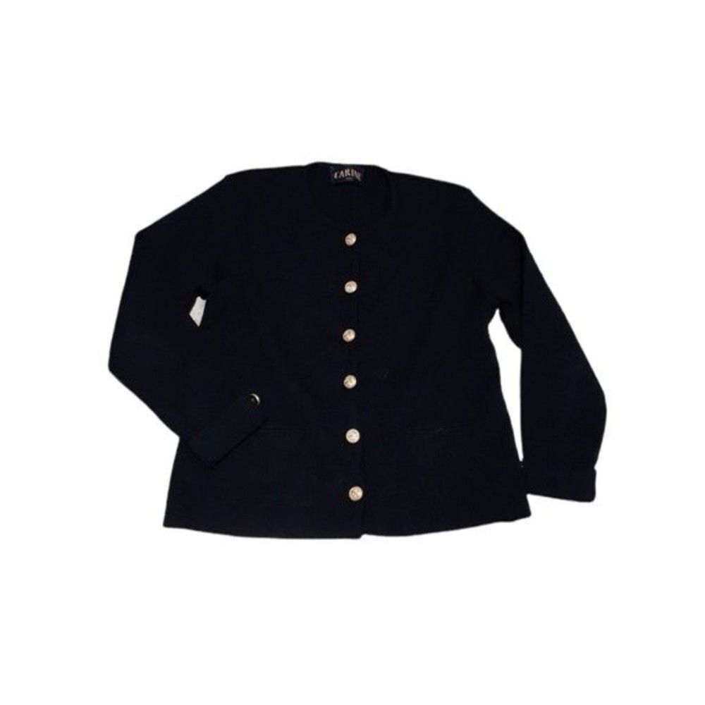 CARINE Paris Wool Cardigan Golden Metal Accent Nautical Buttons Front Pockets M